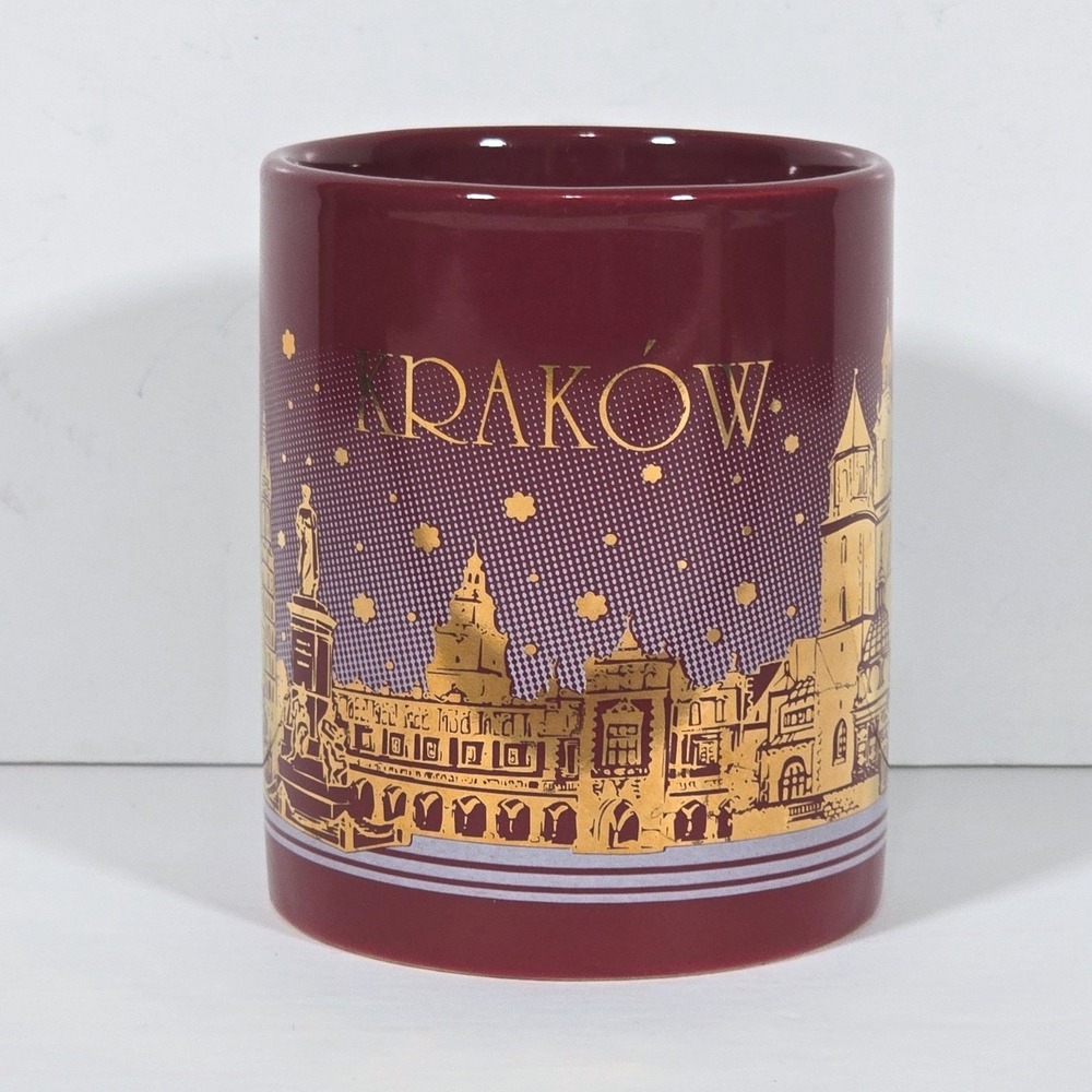 Krakow Poland Souvenir Coffee‎ Mug Burgundy Gold Skyline Cityscape Ceramic